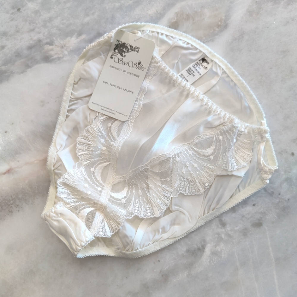 NWT Silk Panties with Lace Trim (Shell Pattern) | Vintage Satin Briefs- Ivory